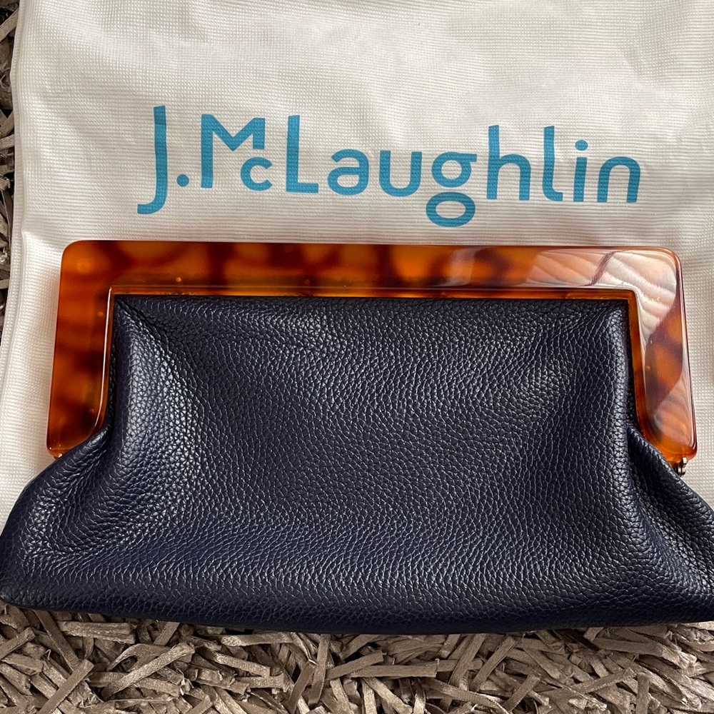 J. McLaughlin Navy Harris Leather Tortoise Clutch